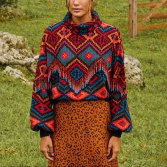 FARM RIO Rauti Turtleneck Sweater, Beaded Tassel Aztec Multi Colored Fringe, XS - Picture 3 of 7